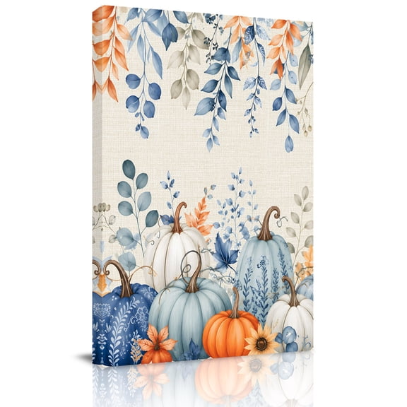 Canvas Wall Art, Blue Pumpkins Fall Framed Canvas Prints for Bathroom Hallway, Eucalyptus Thanksgiving Botanical Rustic Small Gallery Wrapped Wall Decor for Home Office, Gifts, 8"x10" Ship Next Day