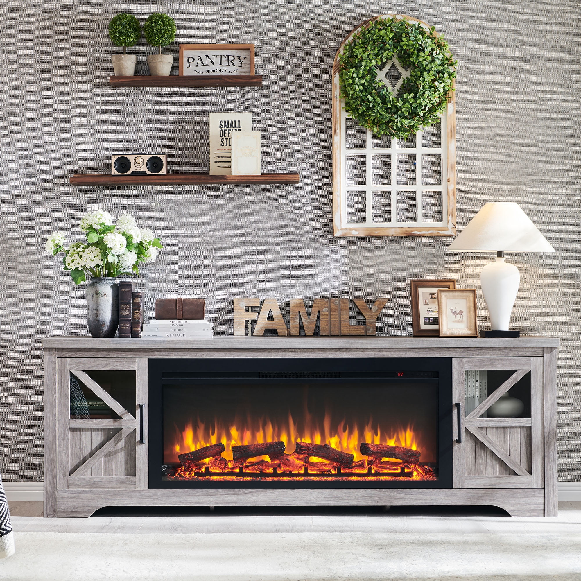 Innoflame Fireplace TV Stand for 85" TV, Entertainment Center with 44" Electric Fireplace, Adjustable Shelves, TV Stands Console for Living Room, Gray