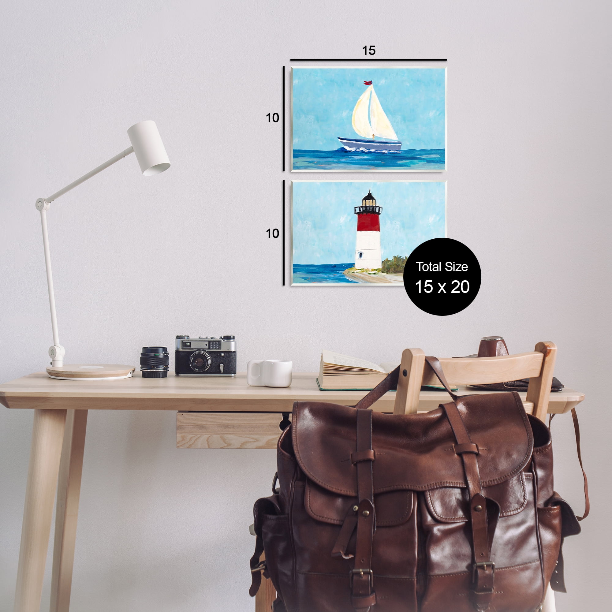 Stupell Industries Nautical Sail the Sea Lighthouse Nautical & Beach Painting Unframed Art Print Wall Art, 15 x 10, Set of 2