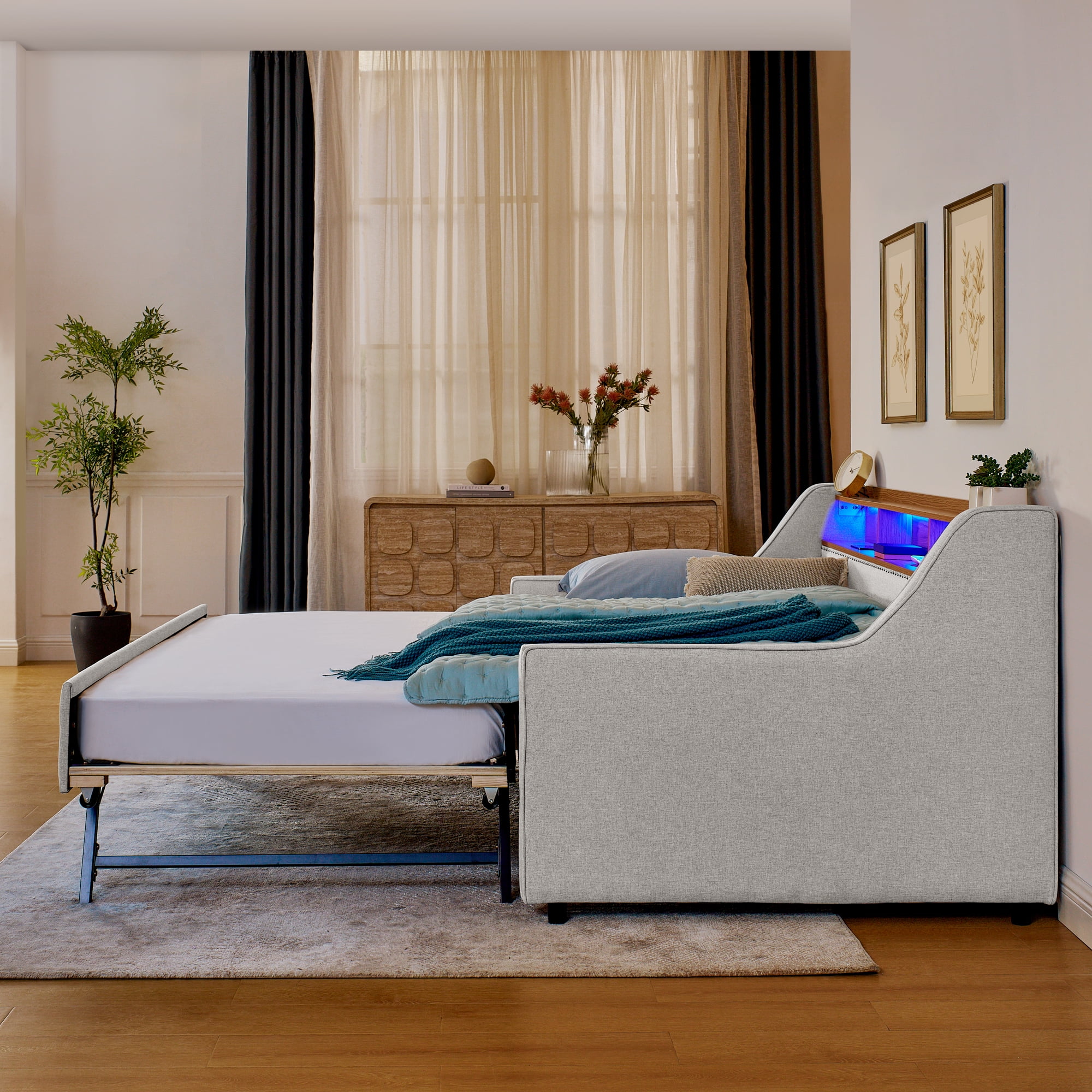 Leumius Twin Size Upholstered Daybed with Trundle,Comfy Sofa Bed with LED Lights,Wireless Charging,Storage Adjustable Headboard,Beige