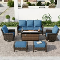 7-Seat Outdoor Conversation Set with 56" Gas Fire Pit Table (50,000 BTU), Wicker Sectional Patio Furniture Set with Swivels Chairs, Peacock blue