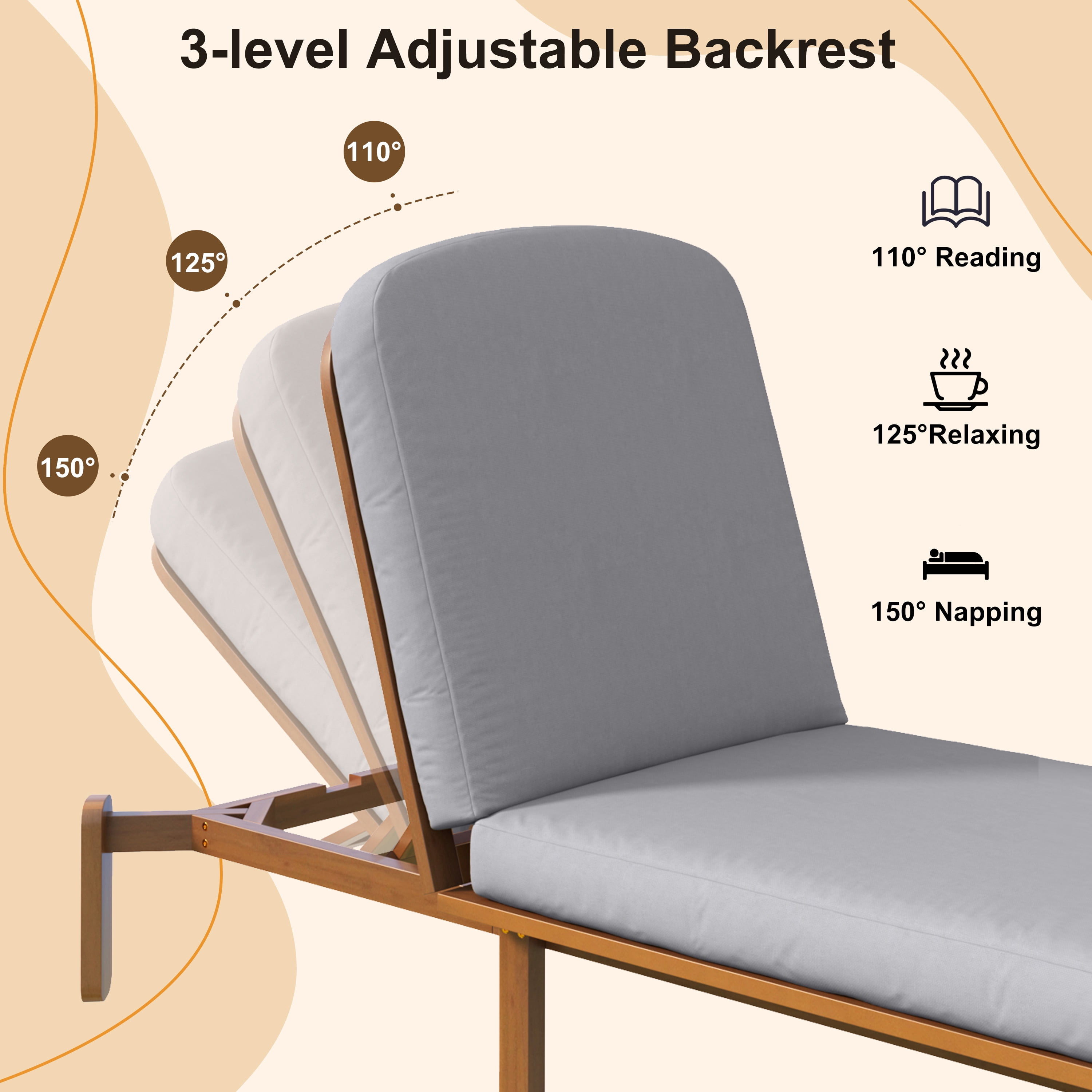 Adjustable Backrest Chaise Lounge, Outdoor Patio Recliner for Poolside, Grey