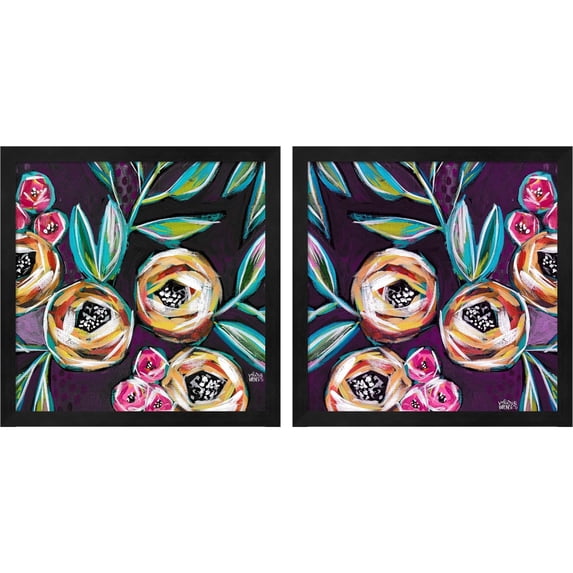 Great Art Now Purple Floral by Valerie Wieners, 2 Piece Framed Art Set Each 13"W x 13"H