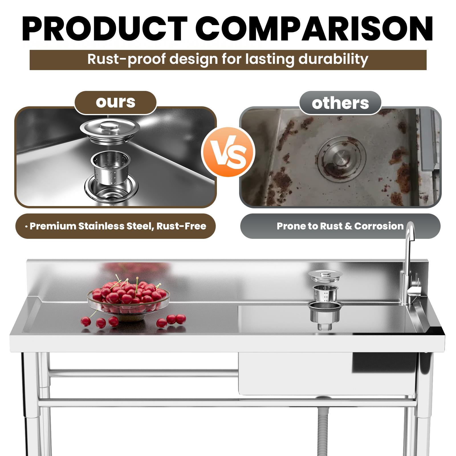 Free Standing 47in Stainless-Steel Sink Set, Commercial Prep & Utility with Workbench, Storage Shelves for Indoor Outdoor Catering Place