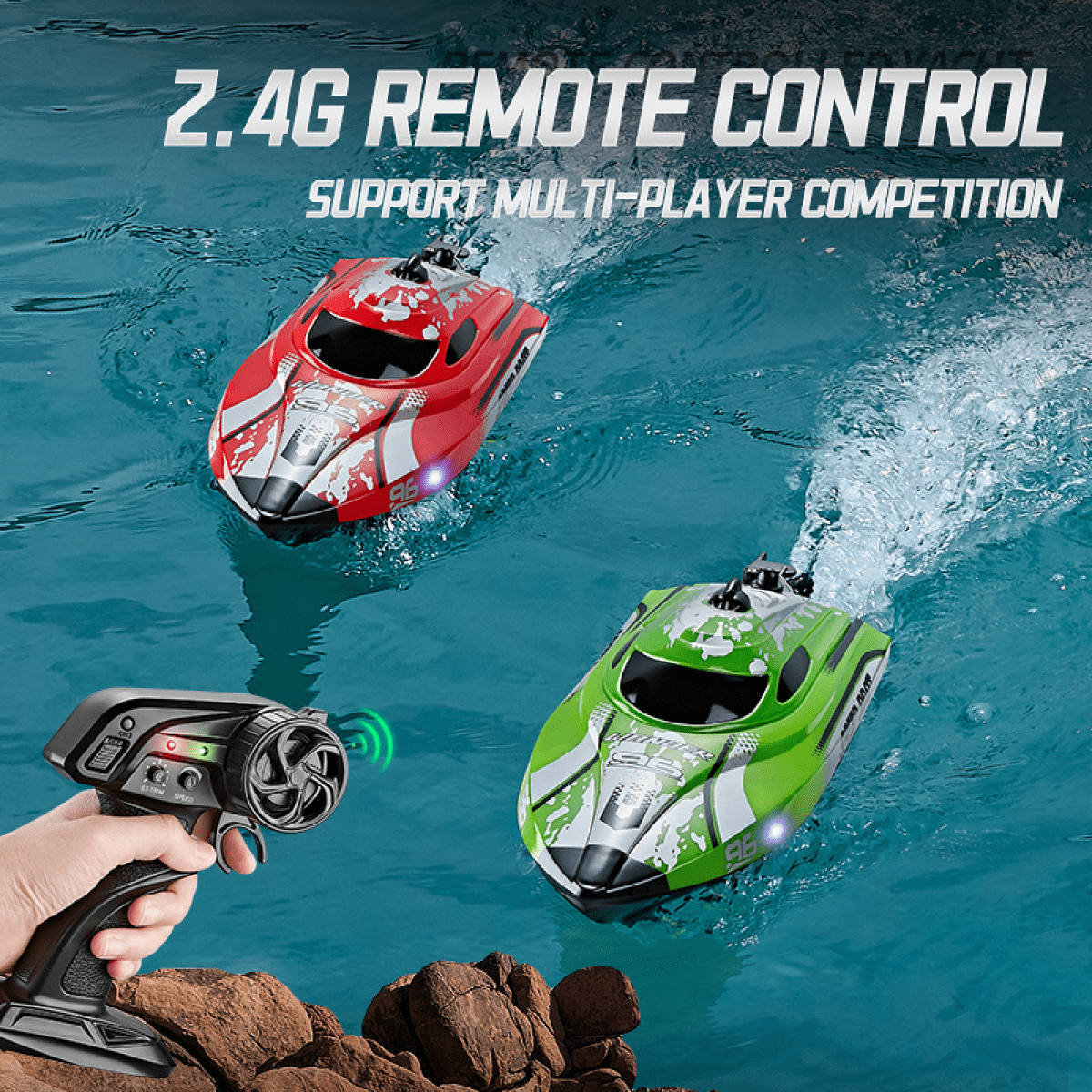 RC Boat for Kids 12in Remote Control Boat with 25 KPH High Speed & Lights, Waterproof Toy Boats for Lakes & Pools-Blue
