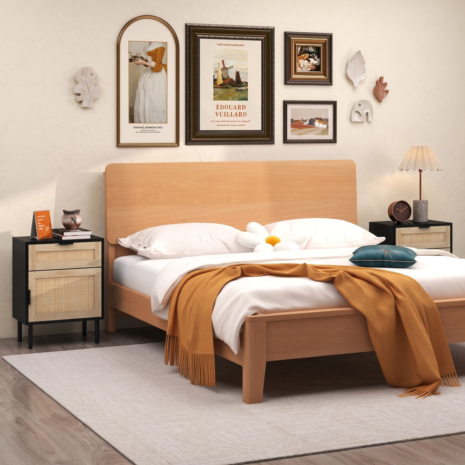 Furnibear Rattan Nightstand Set of 2 with Drawer and Cabinet for Bedside Storage in the Bedroom and Living Room, Black and Natural