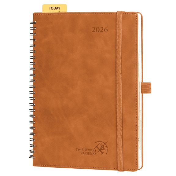 POPRUN 2026 Planner Weekly Notebook (Jan.26-Dec.26), Medium Size 8.5''x 6.5'' - Agenda 2026 Calendar Book with Monthly Tabs, Inner Pocket, Spiral Soft Cover, 100 GSM - Brown