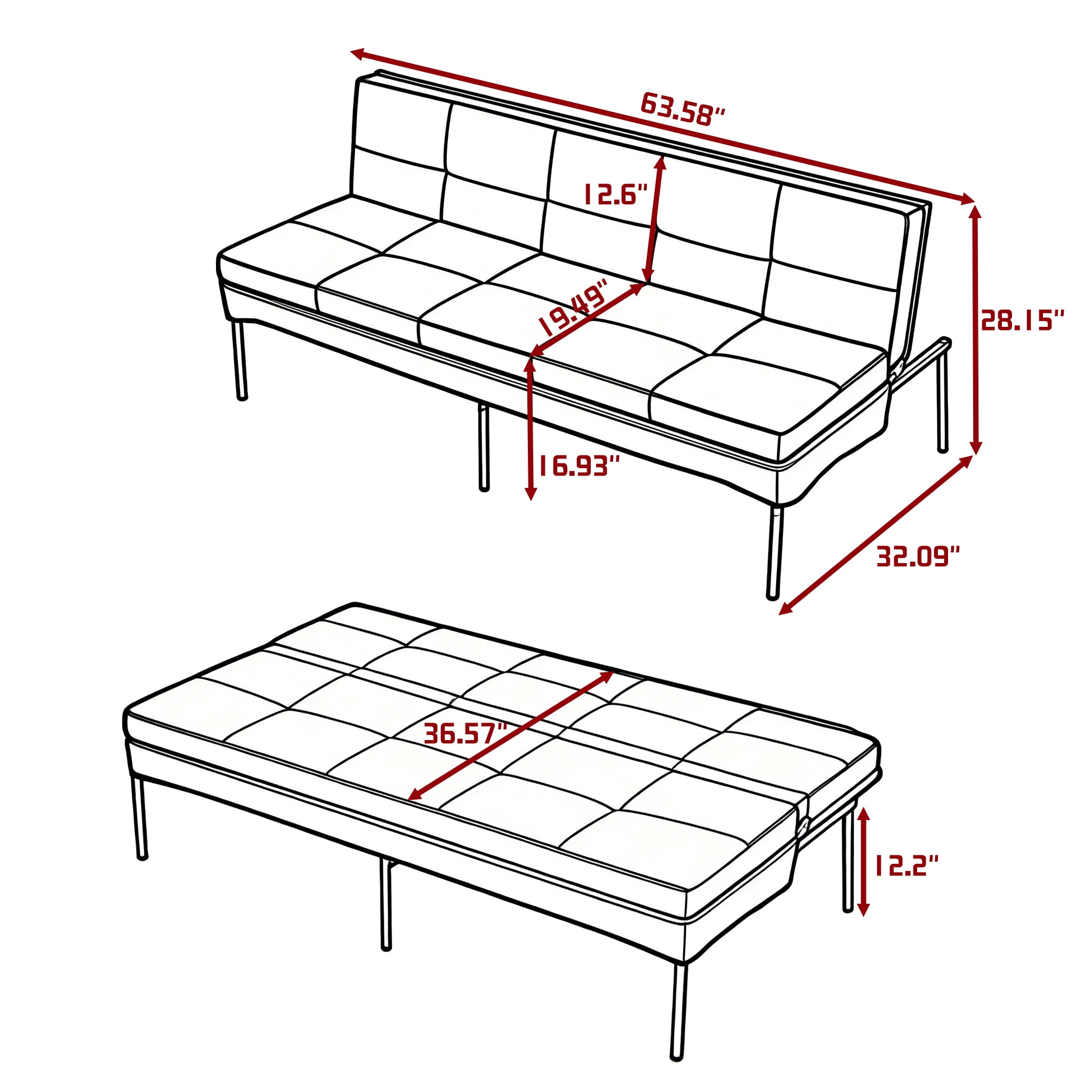 BSHTI 63.39" Velvet Convertible Futon Sofa Bed with 5-Position Adjustable Backrest , Twin Size Couch Sleeper Sofa for Living Room, Bedroom, Dormitory Navy blue&Green