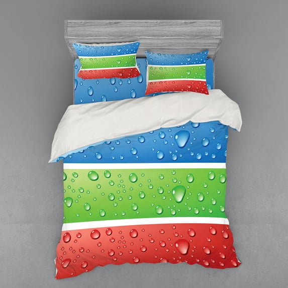 Ambesonne Modern Bedding Set 4 Pcs, Water Drops on a Plastic, Queen, Red Fern Green Blue