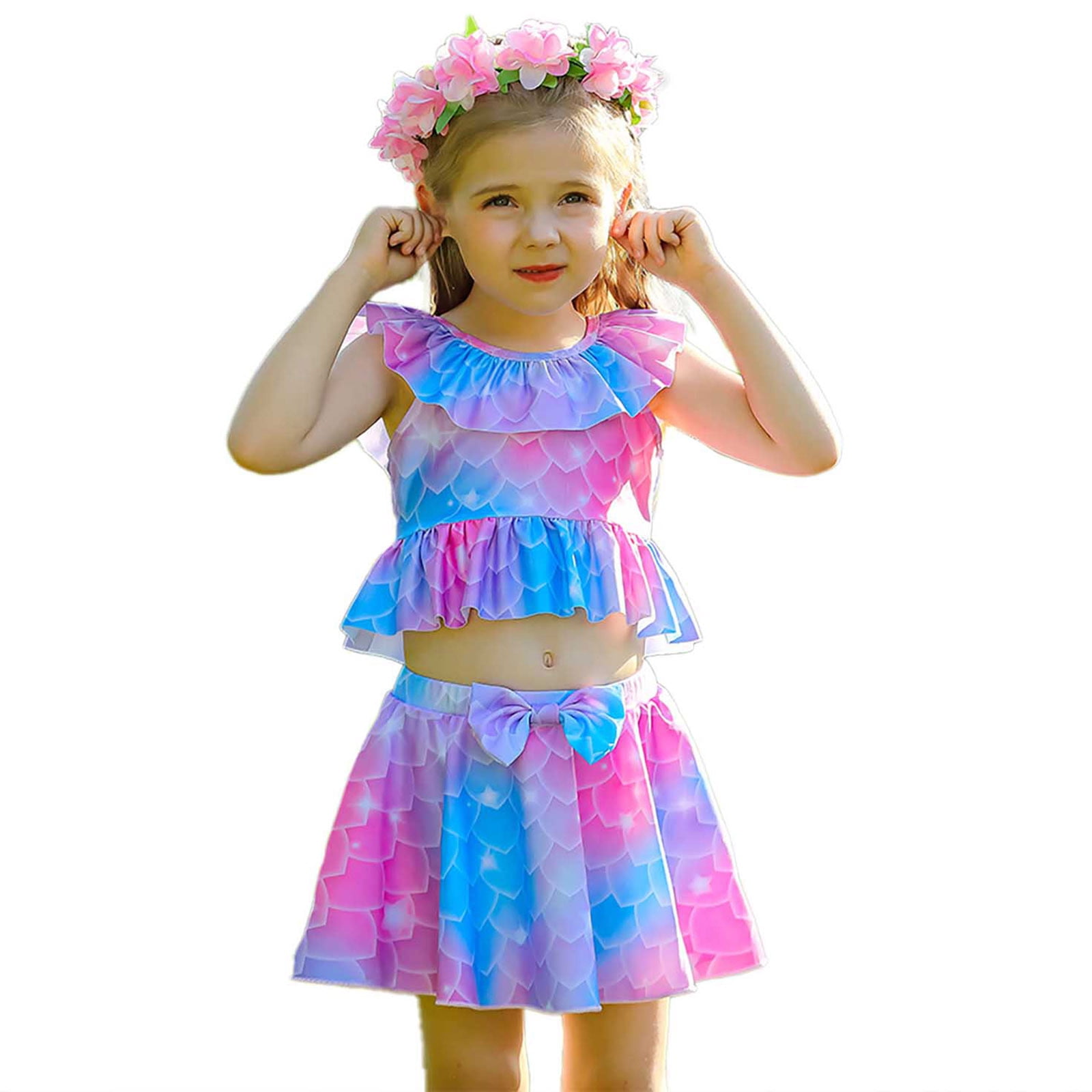 Girls Swimsuits Summer Short Sleeve Crew Neck Tie Dye Print