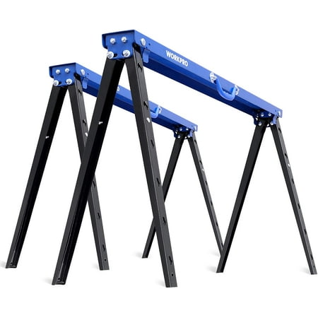 

WORKPRO Portable Folding Sawhorse 1000 lb. Weight Capacity Heavy Duty 2 Pack Pivoting Feet Adjustable Height Legs Easy Carry Handle