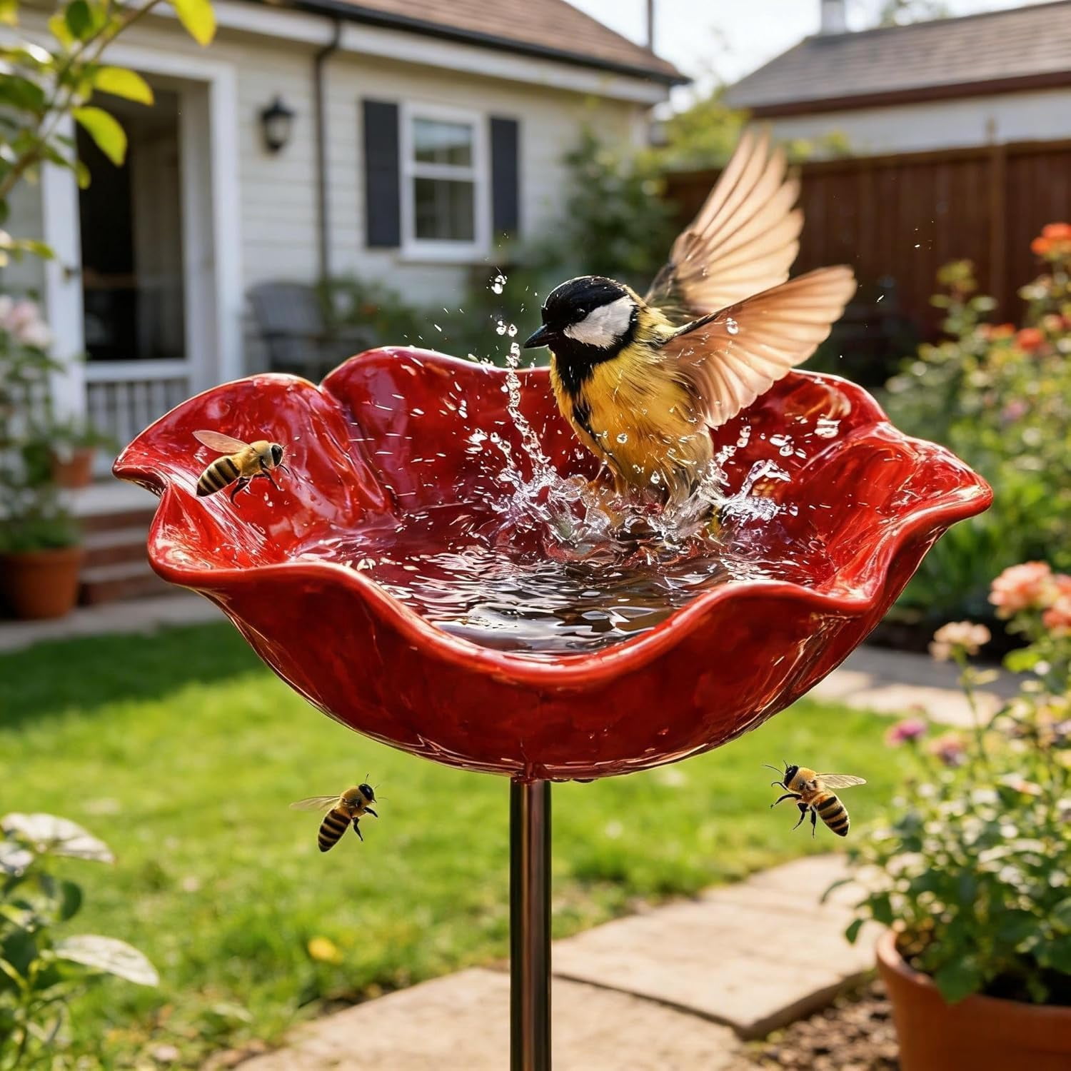 Metal Flower Garden Stakes Bird Bath, Mini Bird Bath & Pollinator Water Station, Handmade Metal Flower Garden Stake (5PC)