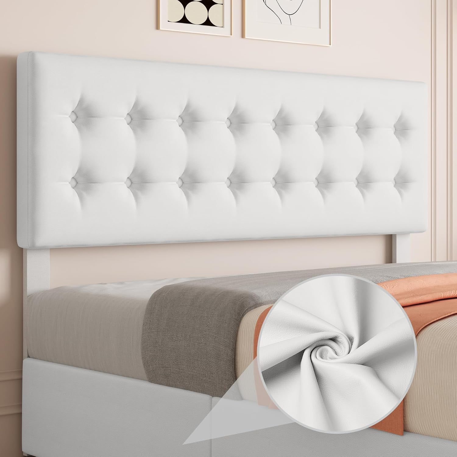 King Size Bed Frame with 4 Storage Drawers, Faux Leather Upholstered Platform Bed, Adjustable Headboard, White