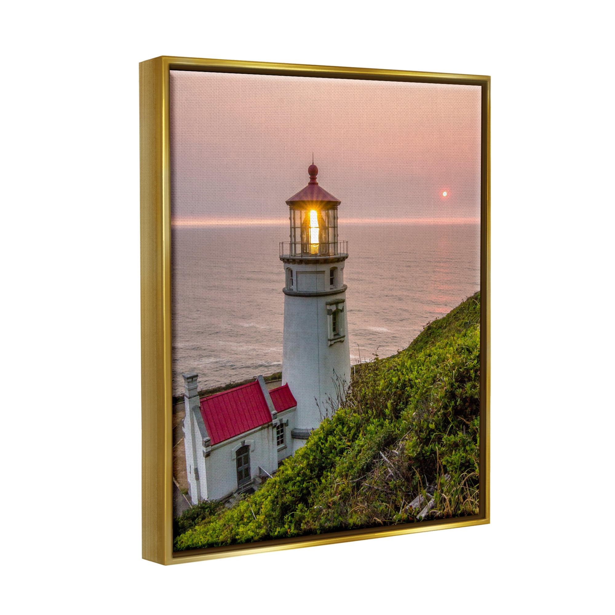 Stupell Industries Lighthouse at Sunset Nature Photography Gold Floater Framed Art Print Wall Art, 17 x 21