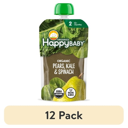 (12 pack) Happy Baby Clearly Crafted, Stage 2 Organic Baby Food, Pears Kale & Spinach, 4 oz. Pouch