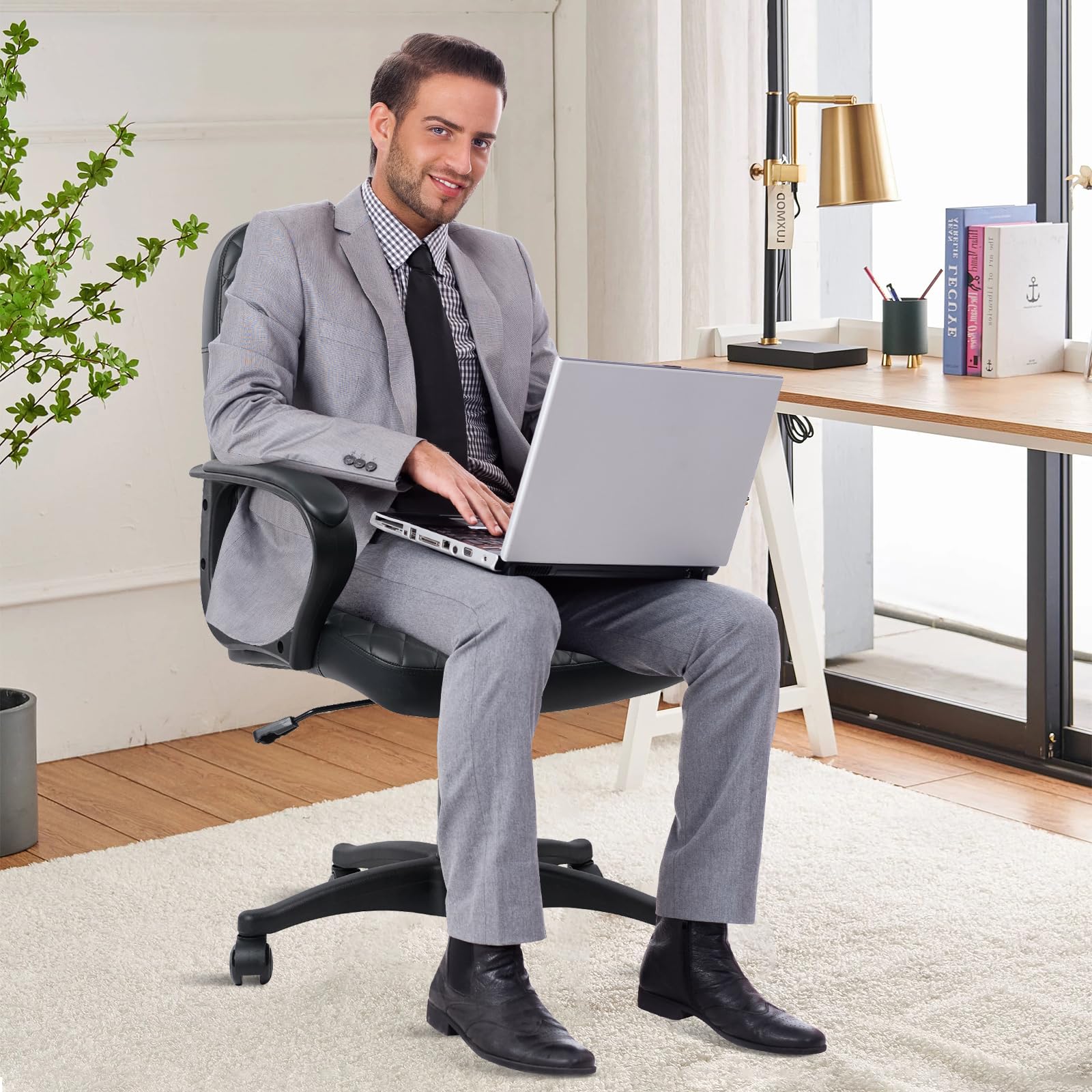 CLATINA Office Chair - Mid Back Leather Computer Desk Chair with Wheels, Ergonomic Executive Swivel Chair with Lumbar Support, Armrest for Home Office Black, 2 Pack