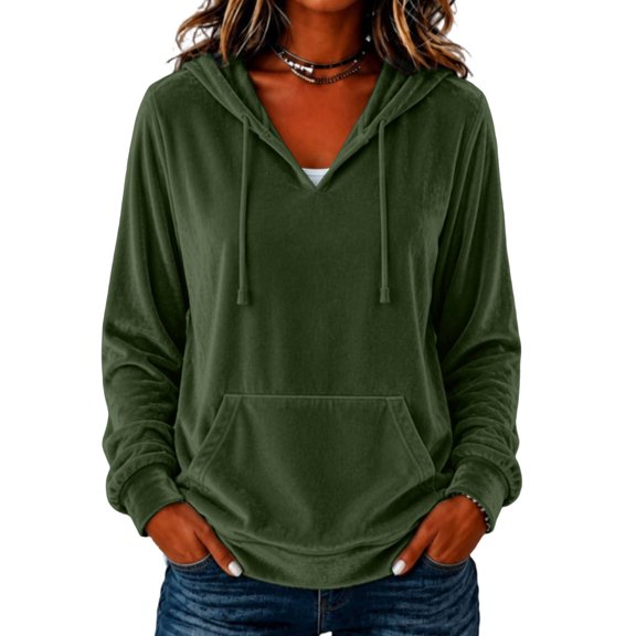 Staron Women's Hoodie Soft Hooded Long Sleeve V Neck Solid Casual Comfy Loose Pullover Sweatshirt Army Green L