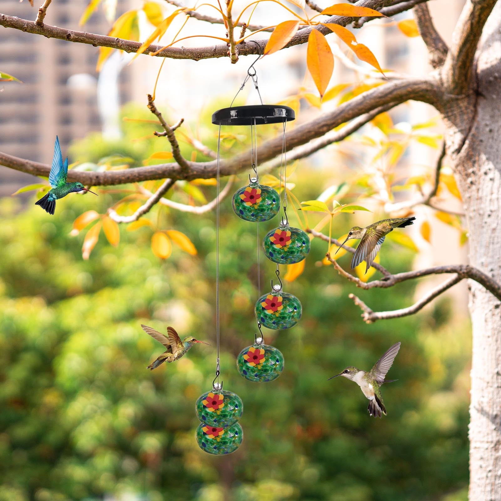 LHNFT Hummingbird Feeder for Outdoors Hanging Wind Chime Style with 6 Feeding Balls Leak-resistant design Globes with Silicone Flower Ports Unique Garden Decor Gift for Bird Lovers