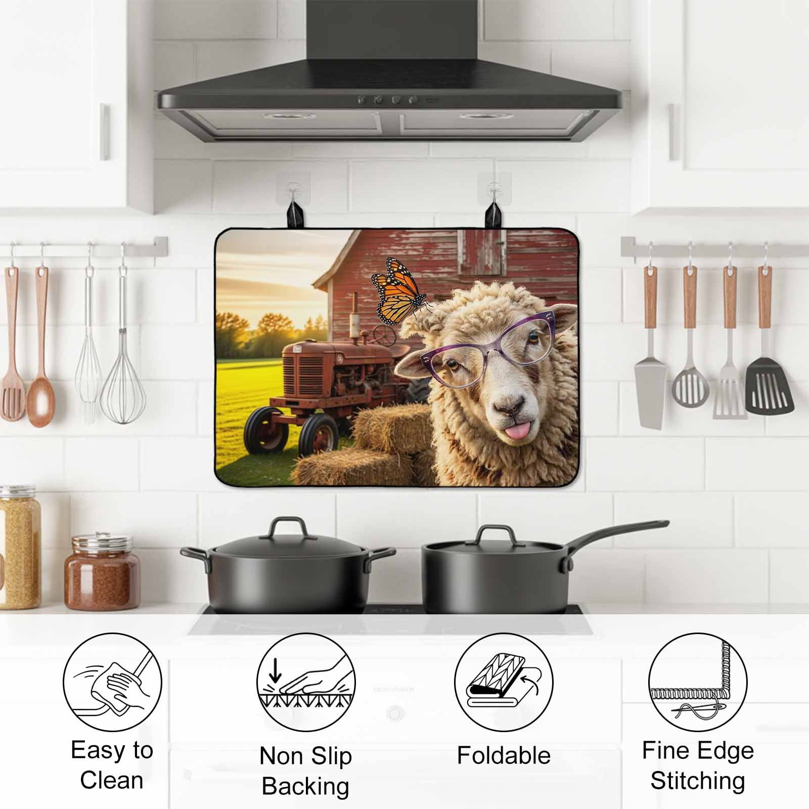 Farm Sheep Stove Top Cover for Electric Stove, Heat-proof & Non Slip Glass Top Stove Cover Protector, Farmhouse Barn Funny Animals Butterfly Kitchen Flat Cooktop Rubber Mat 24x21 Inches