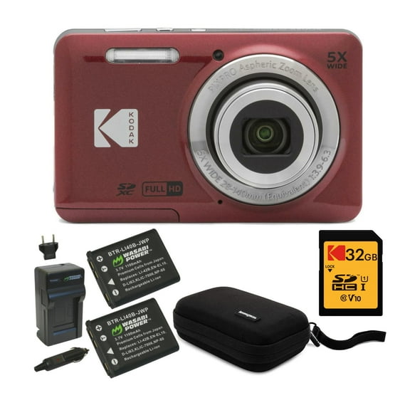 Kodak PIXPRO Friendly Zoom FZ55 Digital Camera (Red) with SD Card, Case, and Battery Travel Charger