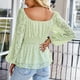 thumbnail image 5 of Camisas de manga larga abullonada para mujer, escote elástico, cintura alta, línea A, dobladillo de múltiples capas, Top elegante verde claro XL, 5 of 7