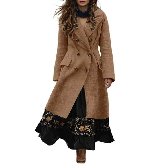 Women Elegant Double Wool Blend Pea Coat Notch Lapel Color: Khaki Size: L