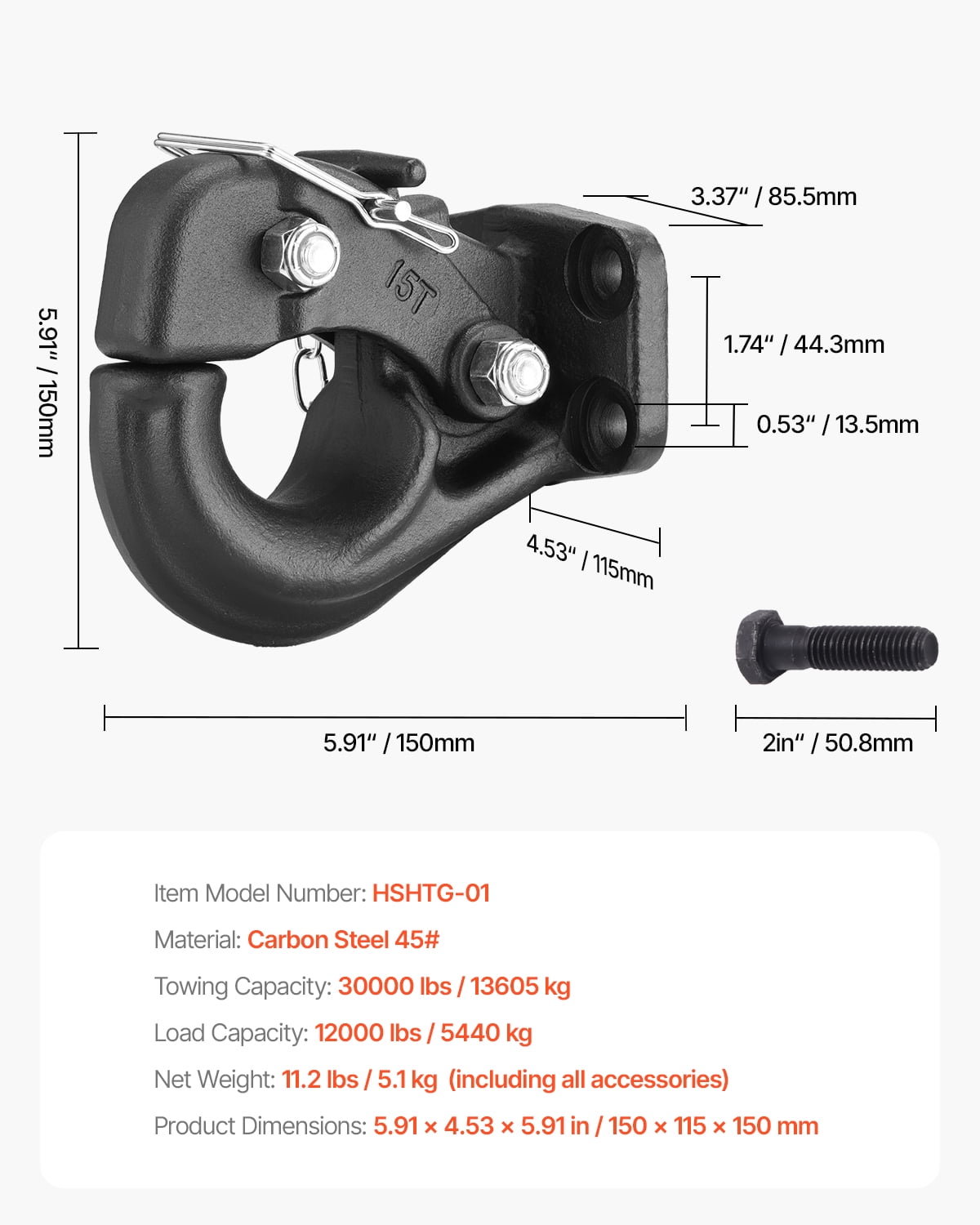 VEVOR Pintle Hook, 30000 lbs Towing Capacity, Trailer Hitches Receiver Hook Fits for 2.5 to 3-inch Lunette Ring with Mounting Kit, Wear-resistant, Black Powder Coat, Suitable for Various Vehicles