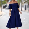 thumbnail image 2 of Gibobby Vestido largo para mujer, de verano Vestidos casuales de verano para mujer Color sólido Hombro Escote cuadrado Vestido oscilante Vestido de playa infor(Marina,M), 2 of 5