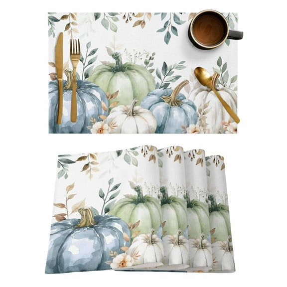 Fall Blue Pumpkin Placemats Set of 6 Green Eucalyptus Leaves Flowers Heat Insulation Washable Place Mats, Rustic Non-Slip Table Mats for Dining Table Party Kitchen Decor,13x19 Inch