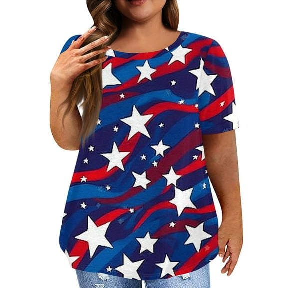 XADYUY Plus Size Women Stars Stripes Shirt American Flag Graphic Patriotic T Shirt Sexy Crew Neck Short Sleeve Tees Going Out Independent Day Tunic Tops,2XL Red