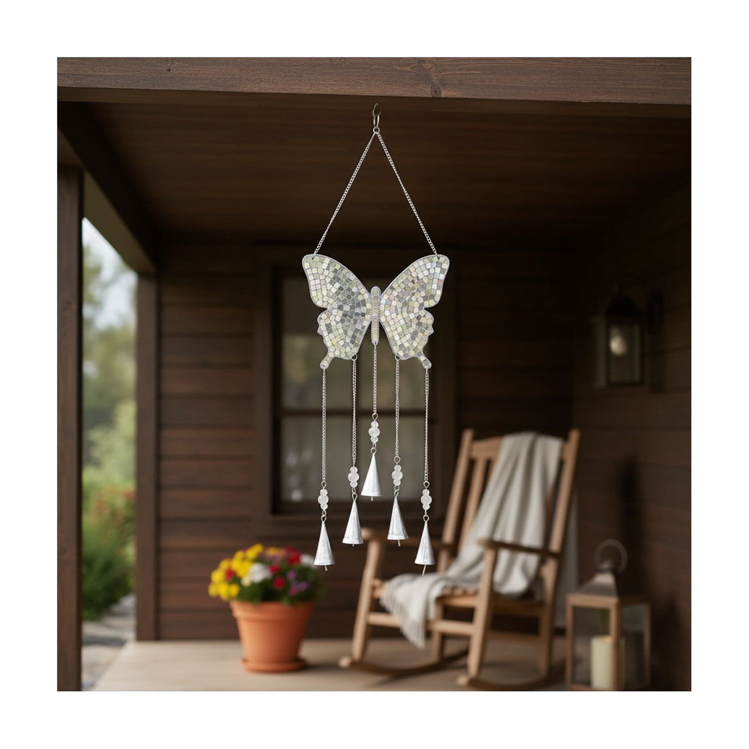 Butterfly Wind Chime with Hanging Bells - Metal & Glass Mosaic Design - Outdoor & Indoor Decorative Wind Bell - Soothing Garden Decor for Patio, Balcony & Home - 26" Silver Metallic