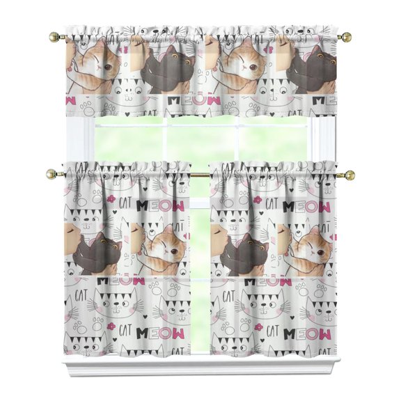Kitchen Curtains 36 Inch Short - 3 Panel Set with Cute Cat Paw Pattern, Rod Pocket Window Curtain, 100% Polyester for Pet Lovers Farmhouse, Cafe, Kitchen, Bedroom, Easy Wash