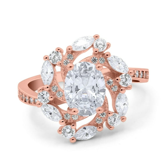 Rose Tone, Simulated Cubic Zirconia Size-5 Oval Vintage Art Deco Engagement Bridal Ring Round Marquise 925 Sterling Silver