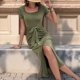 thumbnail image 4 of Vestido Maxi de Verano 2025 para Mujer, Corta, Cuello Redondo, Cintura Anudada, Corte Entallado, Abertura, Fruncido Verde M, 4 of 10