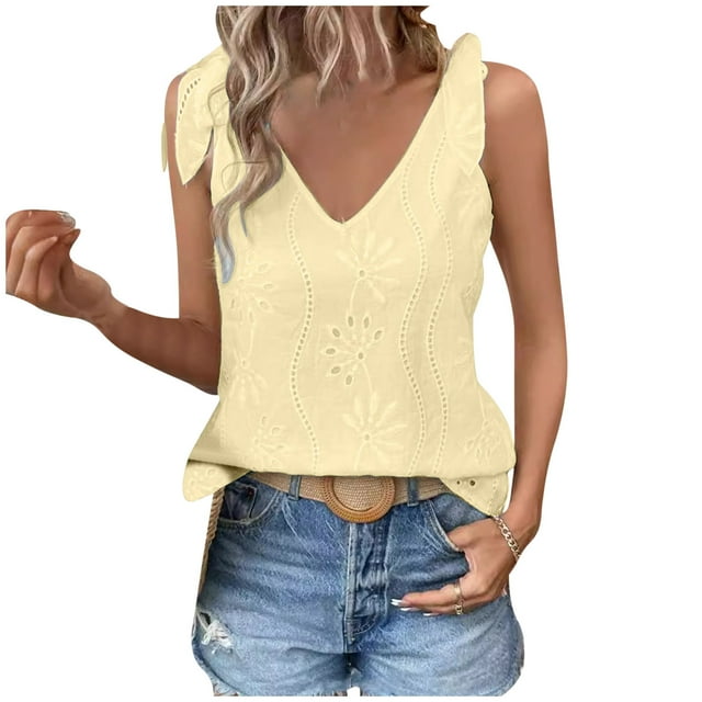 Mrat Débardeurs de Sport pour Femmes Mode Débardeur d'Été Sans Manches à Col en V Uni Décontracté Blouse S-100 Jaune 3TG