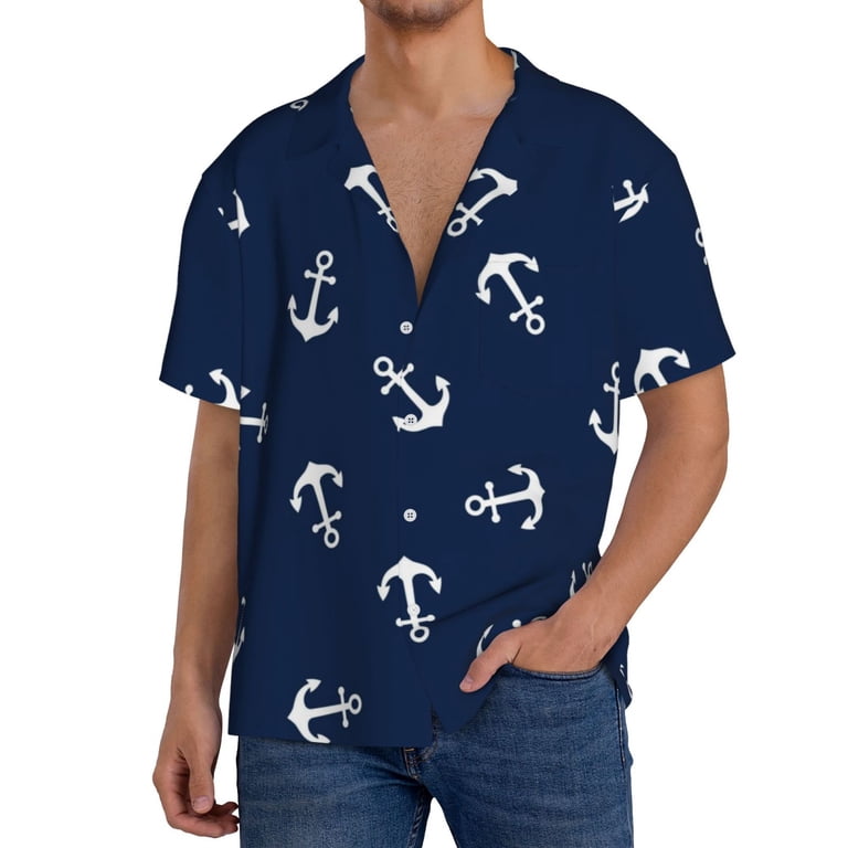 mens anchor dress shirt Anchor Blue- Long Sleeve Button Down Men's Dress Shirt- Striped- Medium