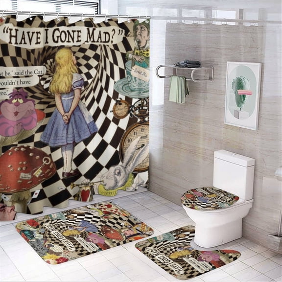 4 Piece Shower Curtain Set with Rugs Alice in Wonderland Shower Curtain Bathroom Sets Decor Waterproof