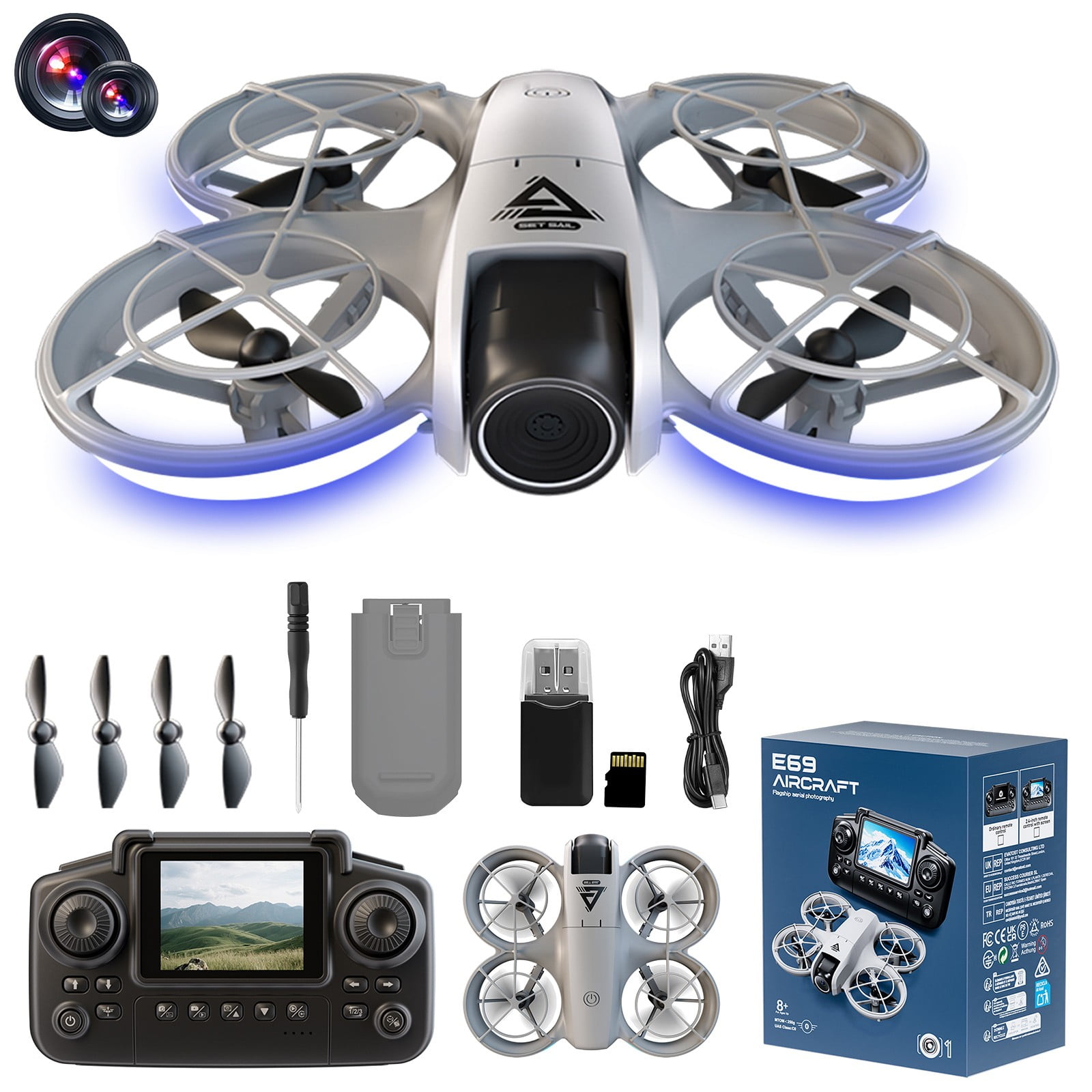 Fzsteel Drone With HD Camera, 2.4 Inch Screen Remote Control, Altitude Hold & LED Lights for Outdoor Adventure