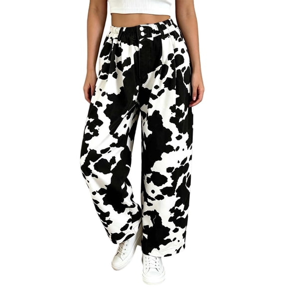 Levmjia Women's Cow Print Jeans High Waisted Wide Leg Pants Elastic Waistband Button Fly Pocket Casual Baggy Denim Trousers Vintage Y2K Loose Long Pants