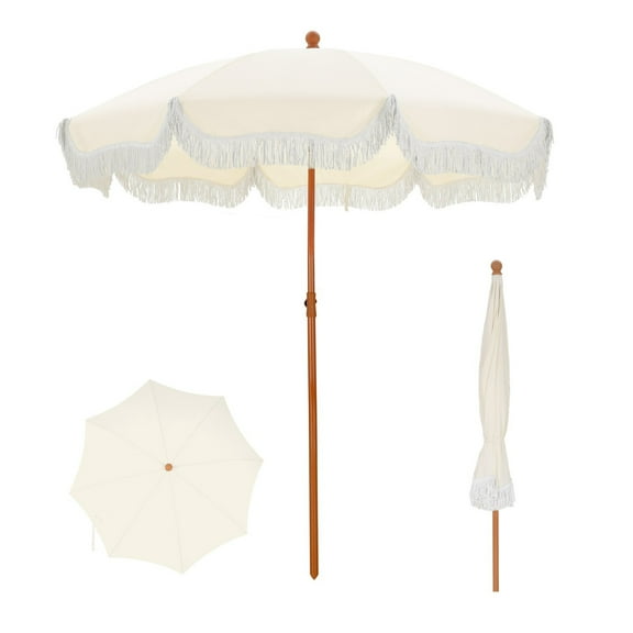 7ft Beach Umbrella with Carry Bag Patio Outdoor Fringe Umbrella Crank Tilt