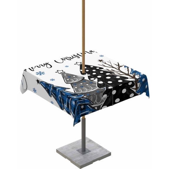 Boanket Outdoor Tablecloth with Umbrella Hole for Patio/Picnic/Party/Camping, Navy Blue Black Christmas Tree Waterproof Table Cloth Square Cover Washable, Xmas Tree Snowflake (54"x 54")