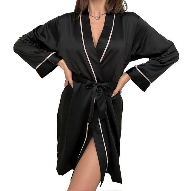 Women Long Sleeves Sleepwear Dress Deep V Neck Waist Belted Casual Satin Nightwear Pajamas Black XL