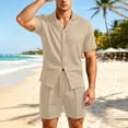 thumbnail image 2 of Bpyeka Men's Casual Two-Piece Set, Camp Collar Button-Down Shirt & Drawstring Shorts, Herringbone Jacquard Textured Co-Ord Outfit, S-2XL, 2 of 9