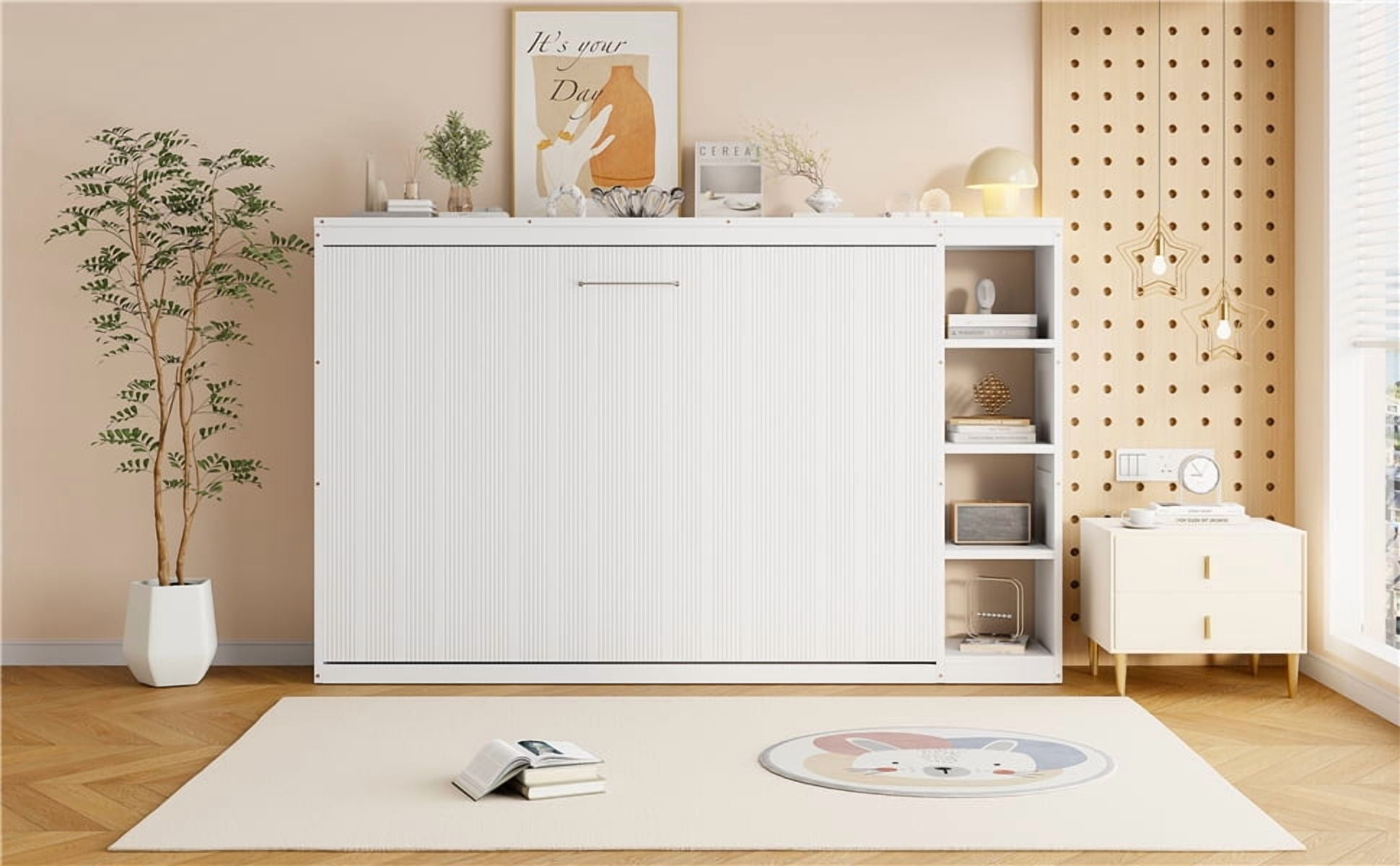 MAYEERTY Full Size Murphy Bed - Built-in Bookshelf, White
