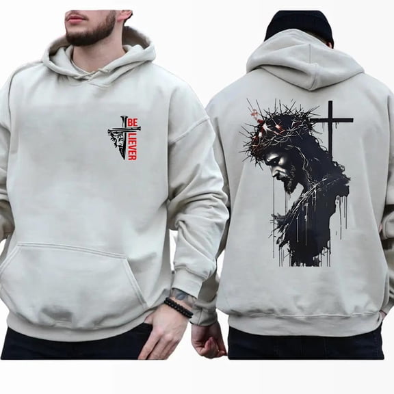 Believer Double Sided Hoodie – Inspirational Jesus Graphic with Crown of Thorns & Cross, Faith-Based Christian Pullover for Men & Women, Unisex Religious Streetwear for Church & Prayer