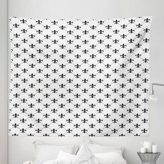 Fleur De Lis Tapestry, Checkered Dotted Pattern with Monochrome Abstract Lily Flower Revival, Fabric Wall Hanging Decor for Bedroom Living Room Dorm, 5 Sizes, Black White, by Ambesonne