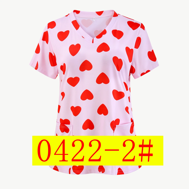 Camiseta de mujer para el día de San Valentín con estampado digital, cuello en V dividido, uniforme de enfermera, ropa de trabajo, estilo elegante, informal y cómodo