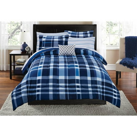 Mainstays Luxe Plaid 8 Piece Bed in a Bag Bedding Comforter Set with BONUS Sheet Set and Throw Pillow, Full, Blue