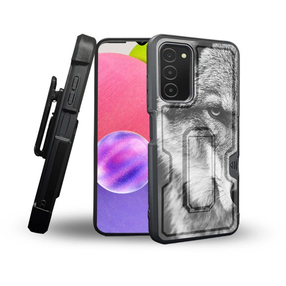 ANJ  Rugged Shockproof Holster Case Card Slot Kickstand   Tempered Glass Cover for Samsung Galaxy A03s - Half Face Wolf