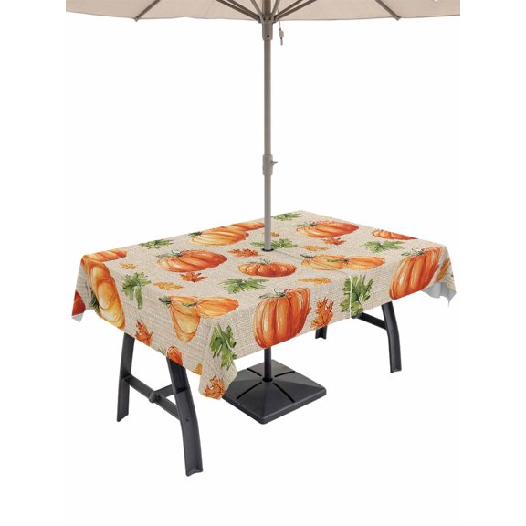 Outdoor Tablecloth with Umbrella Hole and Zipper, Orange Pumpkins Fall Rectangle Table Cloth 54x80 Inch Waterproof Tablecloth, Thanksgiving Leaves Country Retro Beige Picnic Table Cover for Patio